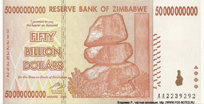 Reserve Bank of Zimbabve Banknotes. 50 billion dollars 2008