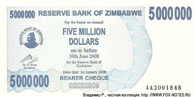 Reserve Bank of Zimbabve  Beares check.5000000 dollars 2008.