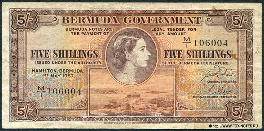 Bermuda Government. 5 shillings. 1st Mai 1957.