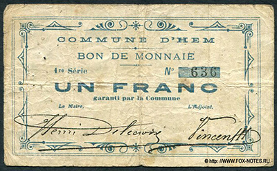Commune D'Hem Bon de monnai 1 franc. 1ro Serie.