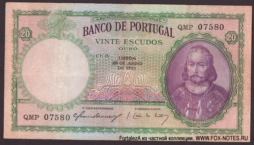 BANCO DE PORTUGAL 20 Escudos 1951