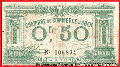 Chambre de Commerce D'Agen 0,50 francs 1917