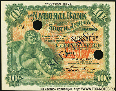 National Bank of South Africa. 10 shillings 1922 SPECIMEN