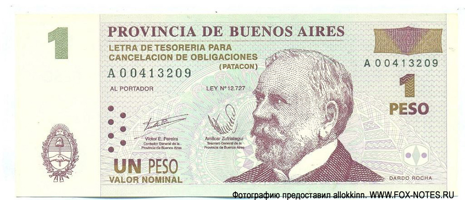 Provincia de Buenos Aires Letras de Tesorería para Cancelación de Obligaciones (Patacón) 1 peso 2001
