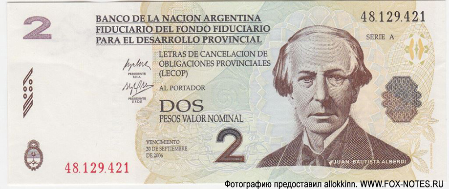 BANCO DE LA NACION ARGENTINA, FONDO FIDUCIARIO PARA EL DESARROLLO PROVINCIA Letra de Cancelación de Obligaciones Provinciales (LECOP) 2 pesos 2006