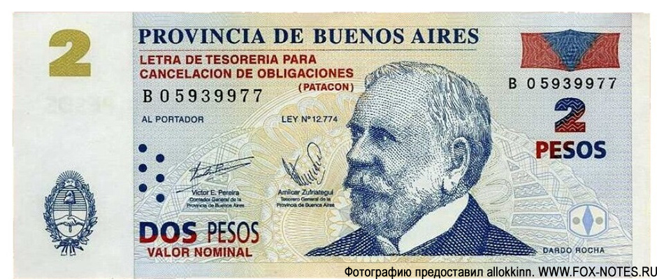 Provincia de Buenos Aires Letras de Tesorería para Cancelación de Obligaciones (Patacón) 2 pesos 2002