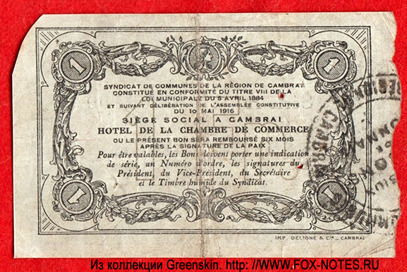 Syndicat de Communes de la Région de CAMBRAI 1 franc 1916