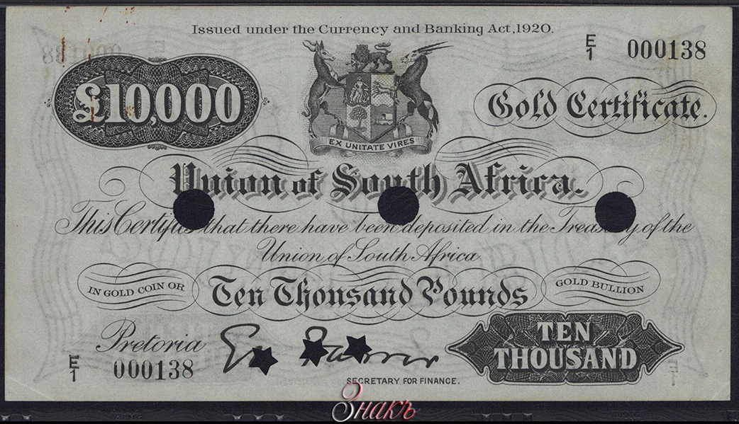 Union of South Africa Gold Certificate 10000 pounds 1920