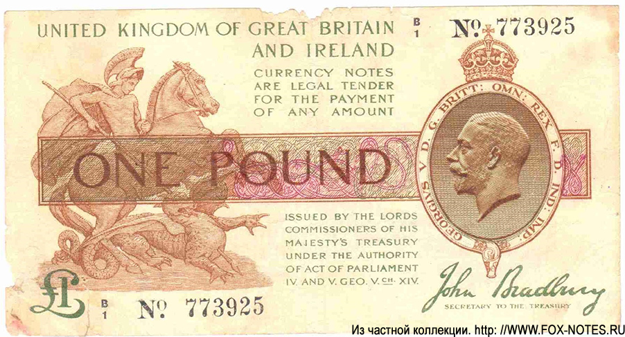 United Kingdom of Great Britain and Northern Ireland Treasury Notes 1 Pound 1918 Anchor  John Bradbury