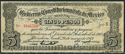 Gobierno Constitucionalista de Mexico, Monclova (Coahuila) Billete 5 Pesos. Monclova, 28 de mayo de 1913.