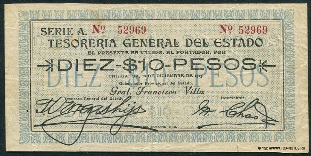 Tesorería General del Estado (Chihuahua) 10 pesos 1913