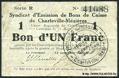 Syndicat d'Emission de Bons de Caisse de Charleville-Mézières 1 Franc 1916