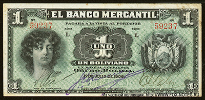 Banco Mercantil 1 boliviano 1906