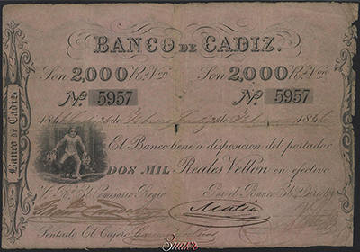 Banco de Cádiz 2000 Reales Velllon 1856