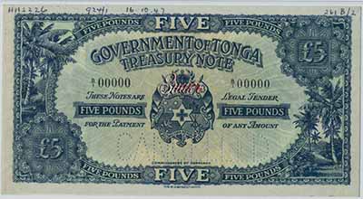 Government of Tonga Treasury note. 5 Pounds. CANCELED B/I 00000