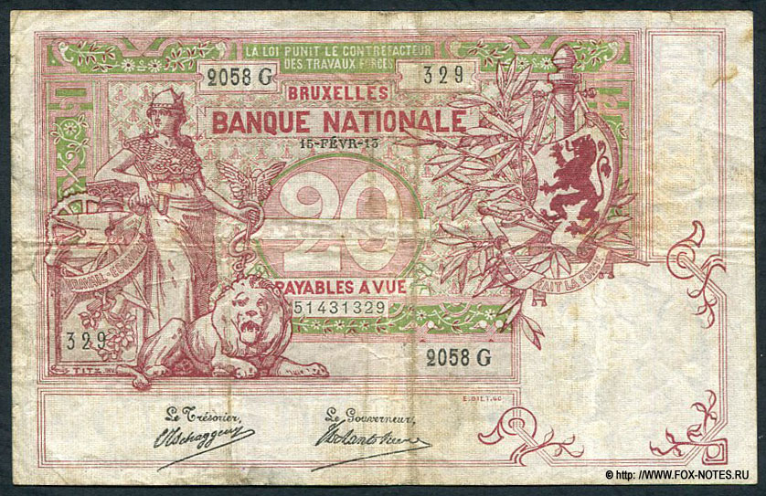 Banque Nationale de Belgique - Nationale Bank van België. 20 francs 15-FÉVR-(19)13.