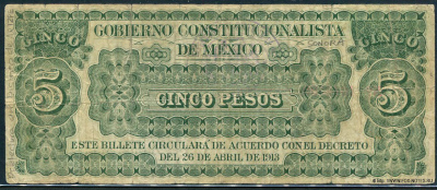 Gobierno Constitucionalista de Mexico, Monclova (Coahuila) Billete 5 Pesos. Monclova, 28 de mayo de 1913.