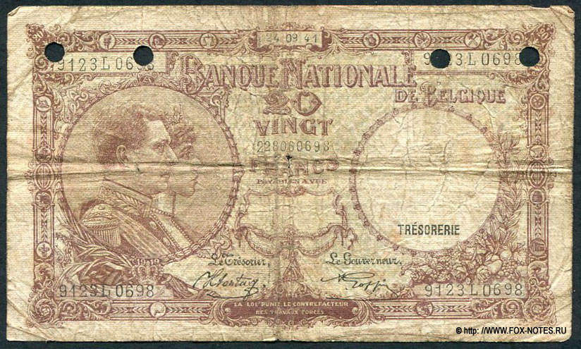 Billet Banque Nationale de Belgique 20 Francs 1941