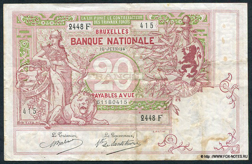 Banque Nationale de Belgique - Nationale Bank van België. 20 francs 18-JUIN-(19)14.