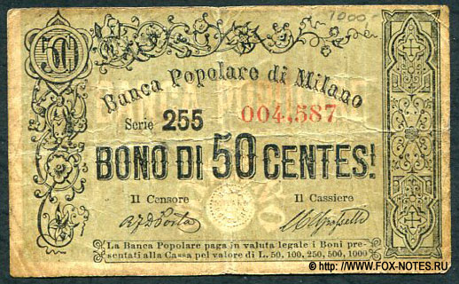 Banca Popolare di Milano Bono di 50 Centes 1865