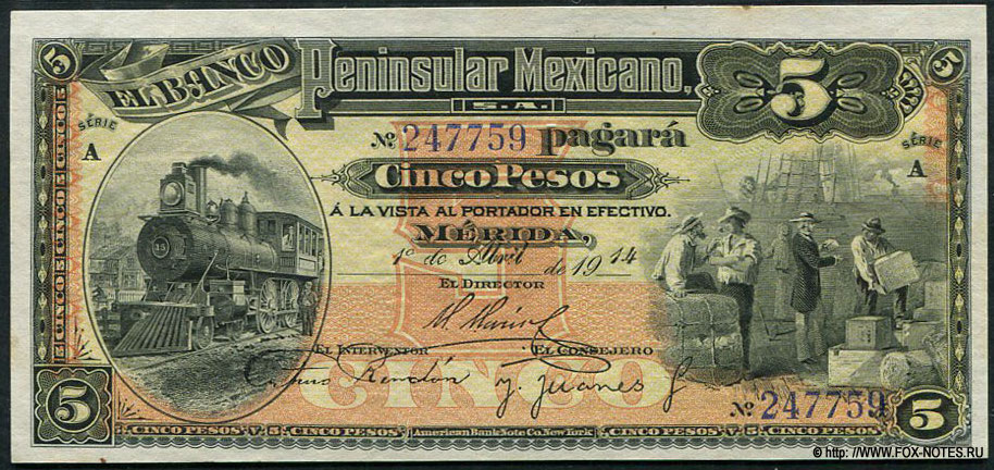Banco Peninsular Mexicano S.A. (Yucaán) 5 Pesos 1914