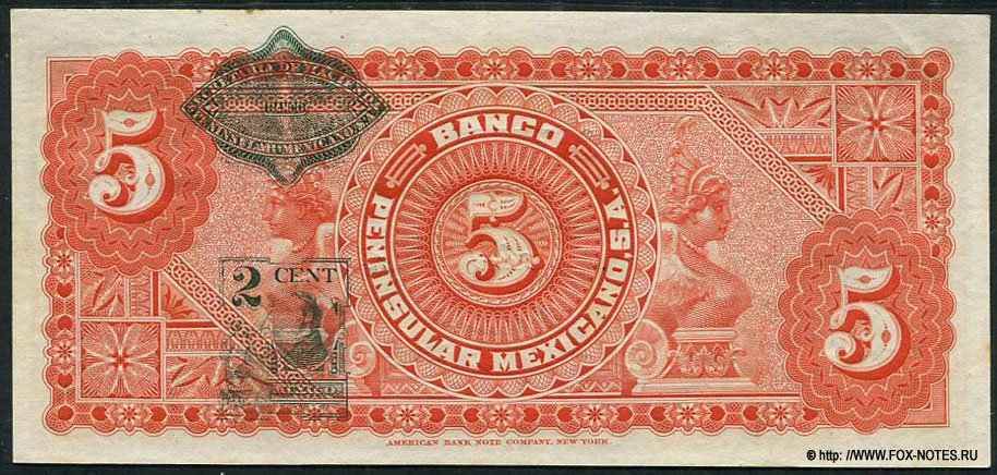 Banco Peninsular Mexicano S.A. (Yucaán) 5 Pesos 1914