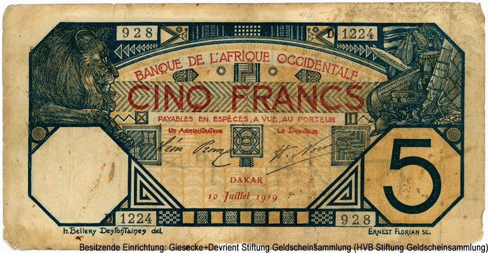 Banque de l'Afrique Occidentale. Французская Западная Африка. Dakar. 5 франков 1919