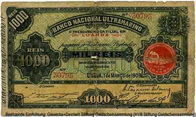   . Banco Nacional Ultramarino - LOANDA. 1000 reis 1909.