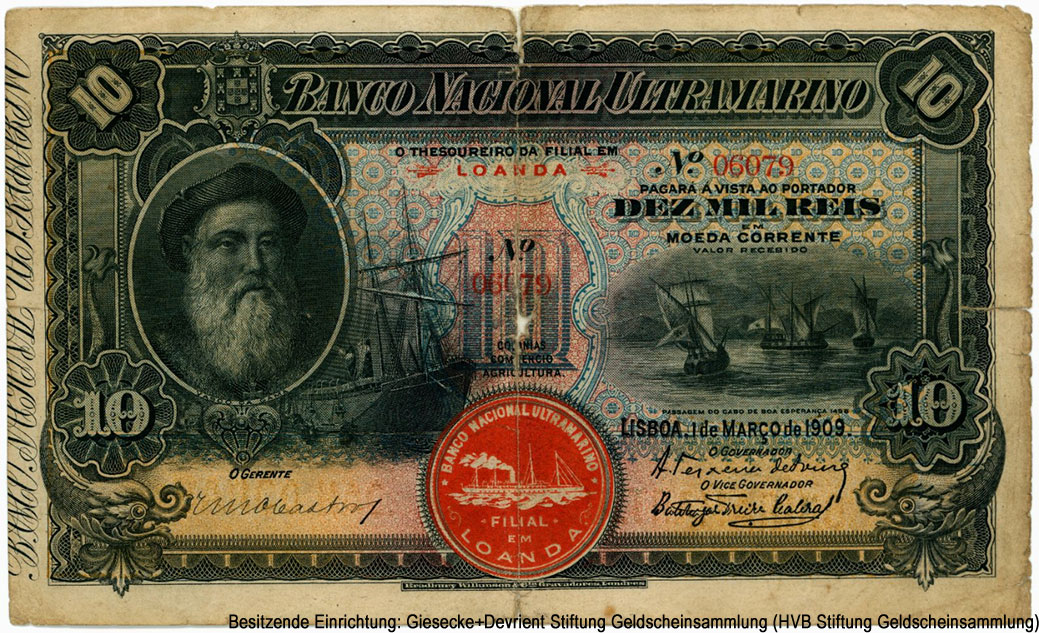 Banco Nacional Ultramarino - LOANDA. 10 mil reis 1 de MARÇO de 1909. 