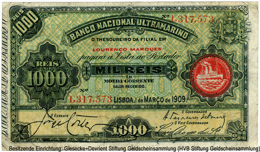Португальский Мозамбик 1000 рейсов 1909