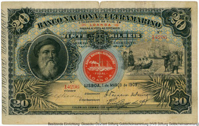 Banco Nacional Ultramarino 20 milreis LISBOA. 1 de MARÇO de 1909.
