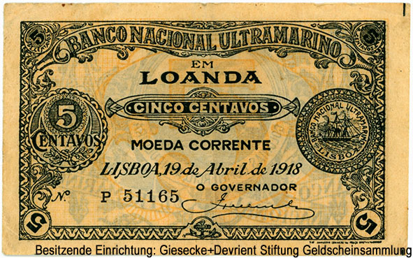 Banco Nacional Ultramarino em Loanda 5 centavos. LISBOA, 19 de Abril de 1918.