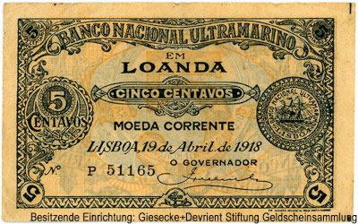 Banco Nacional Ultramarino em Loanda 5 centavos. LISBOA, 19 de Abril de 1918.