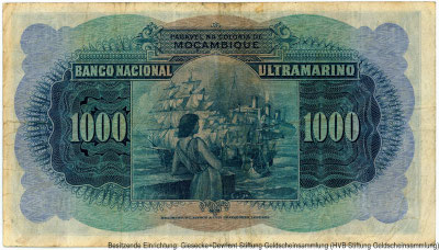Banco Nacional Ultramarino - Moçambique colónia portuguesa. 1000 escudos 29 de NOVEMBRO de 1945. Sign. O ADMINISTRADOR - João Baptista de Araújo, O PRESIDENTE DO CONSELHO ADMINISTRATIVO - António dos Santos Viegas. 