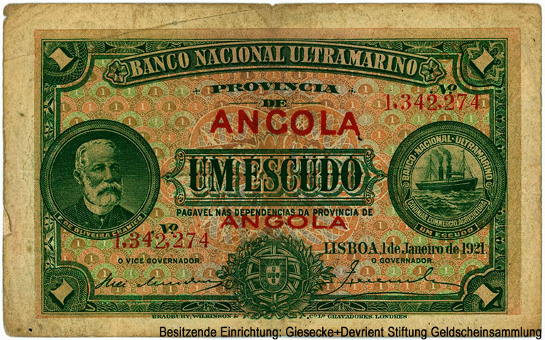Banco Nacional Ultramarino - PROVINCIA DE ANCOLA. 1 escudo 1 de Janeiro de 1921.