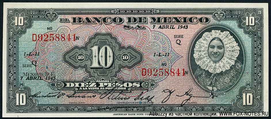 Banco de México 10 pesos 7 ABRIL 1945. SERIE Q.