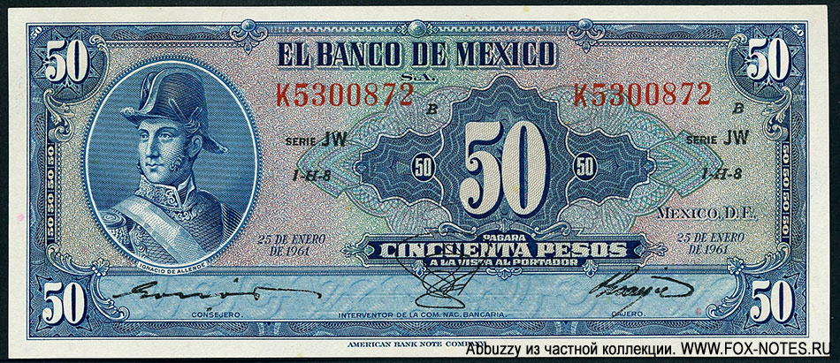 Billete Banco de México 50 pesos 25 DE ENERO DE 1961. SERIE JW.