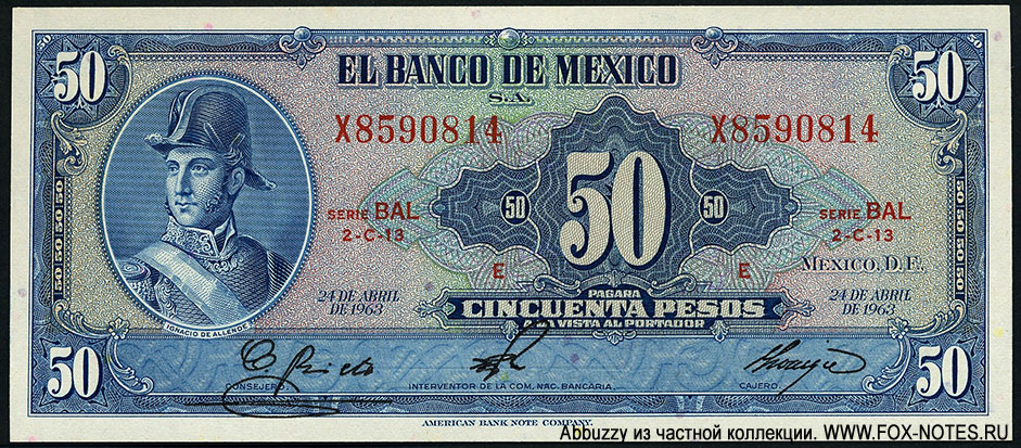 Billete Banco de México 50 pesos 24 DE ABRIL DE 1963. SERIE BAL.