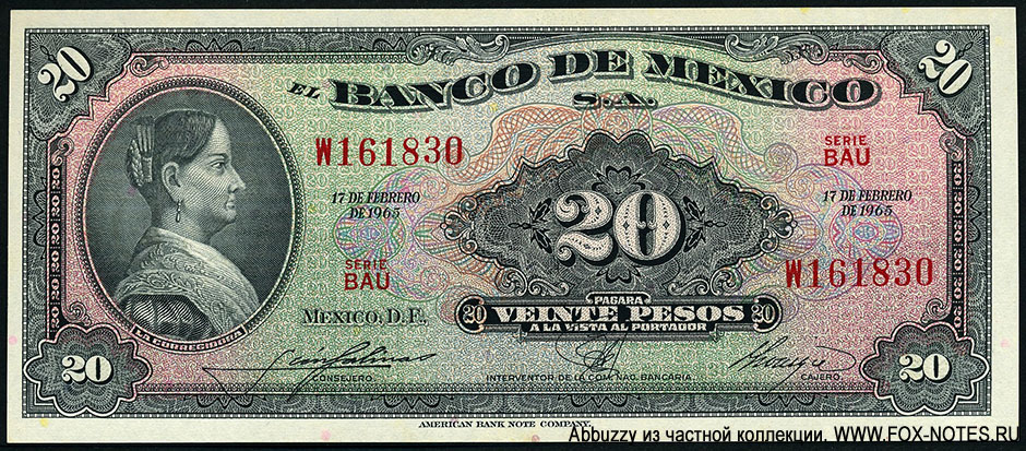 Banco de México. Billete Banco de México 20 pesos 1965.