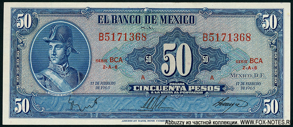 Billete Banco de México 50 pesos 17 DE FEBRERO DE 1965. SERIE BCA.