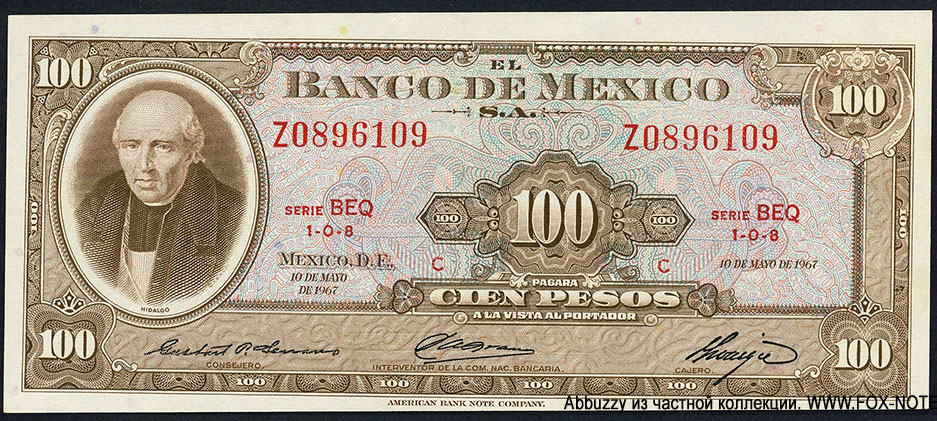 Banco de México 100 Pesos 10 DE MAYO DE 1967. SERIE BEQ.