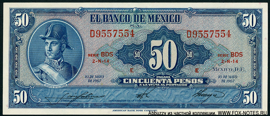 Billete Banco de México 50 pesos 10 DE MAYO DE 1967. SERIE BDS.