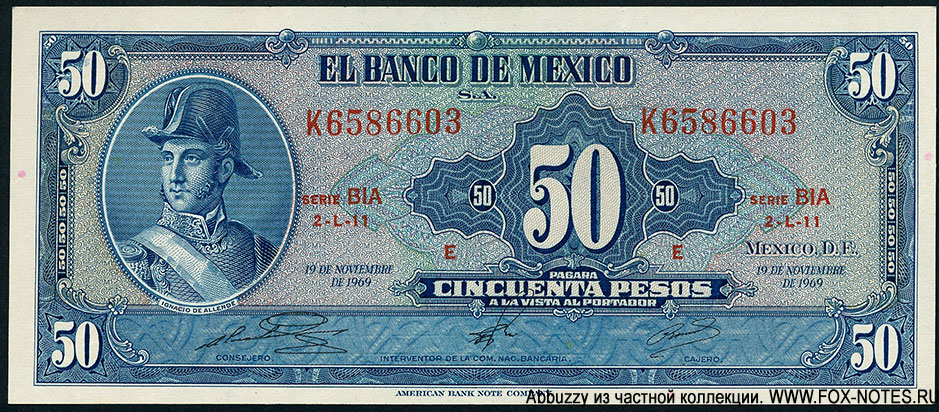 Billete Banco de México 50 pesos 19 DE NOVIEMBRE DE 1969. SERIE BIA.