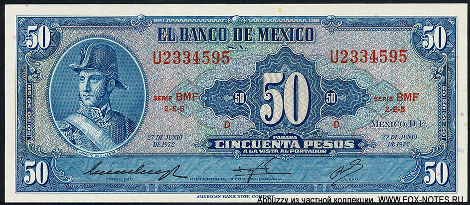 Billete Banco de México 50 pesos 27 DE JUNIO DE 1972. SERIE BMF.