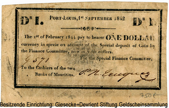 1 Dollar, 1.9.1842 Mauritius (Colony). Government