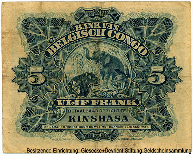 Banque du Congo Belge. 5 francs 1920 Payables a vue a KINSHASA.