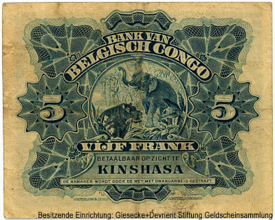 Banque du Congo Belge. 5 francs 1920 Payables a vue a KINSHASA. 