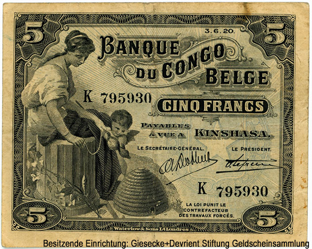 Banque du Congo Belge. 5 francs 1920 Payables a vue a KINSHASA.