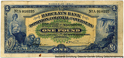 Barclays Bank (Dominion, Colonial and Overseas). Salisbury Branch. 1 pound 1ST SEPTEMBER 1926.