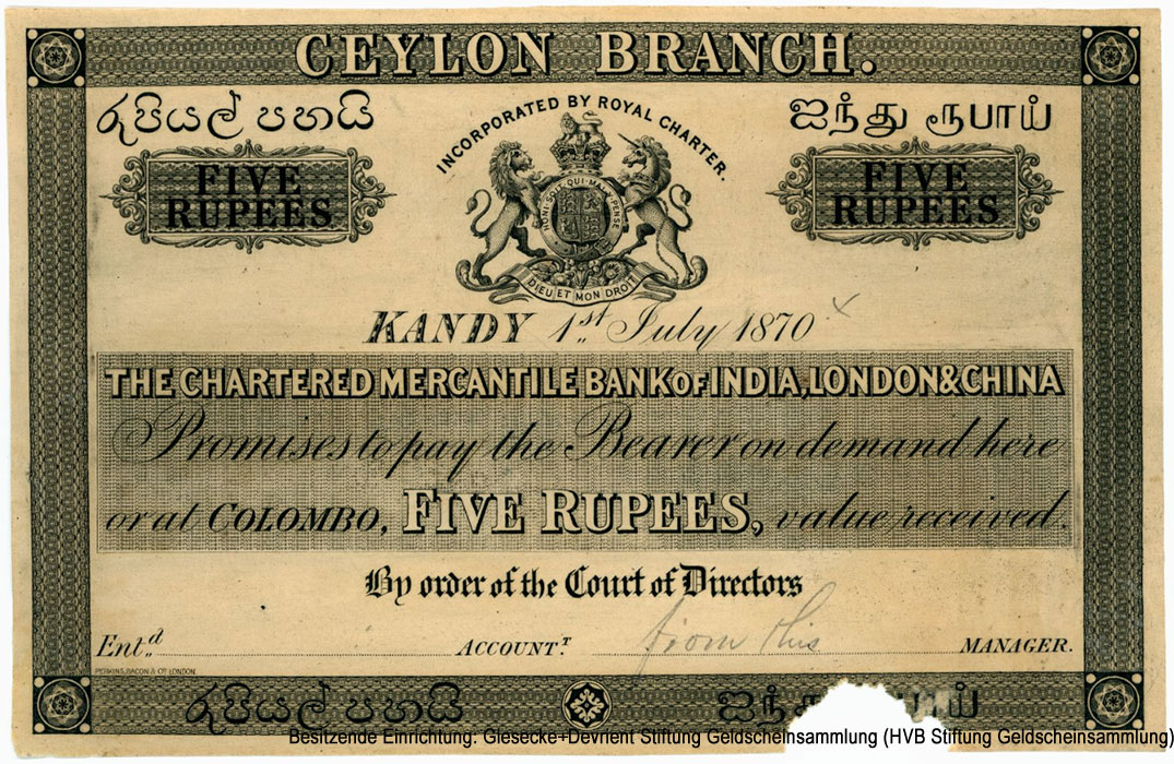 Chartered-Mercantile-Bank-India, London and China CEYLON BRANCH 5 Rupees 1870